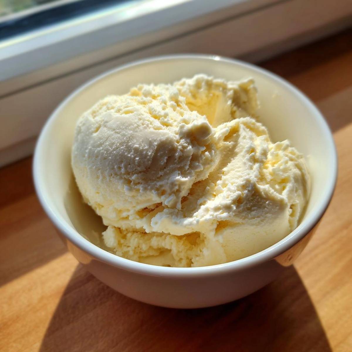 Two generous scoops of creamy, pale yellow protein ice cream served in a small white bowl on a wooden surface.