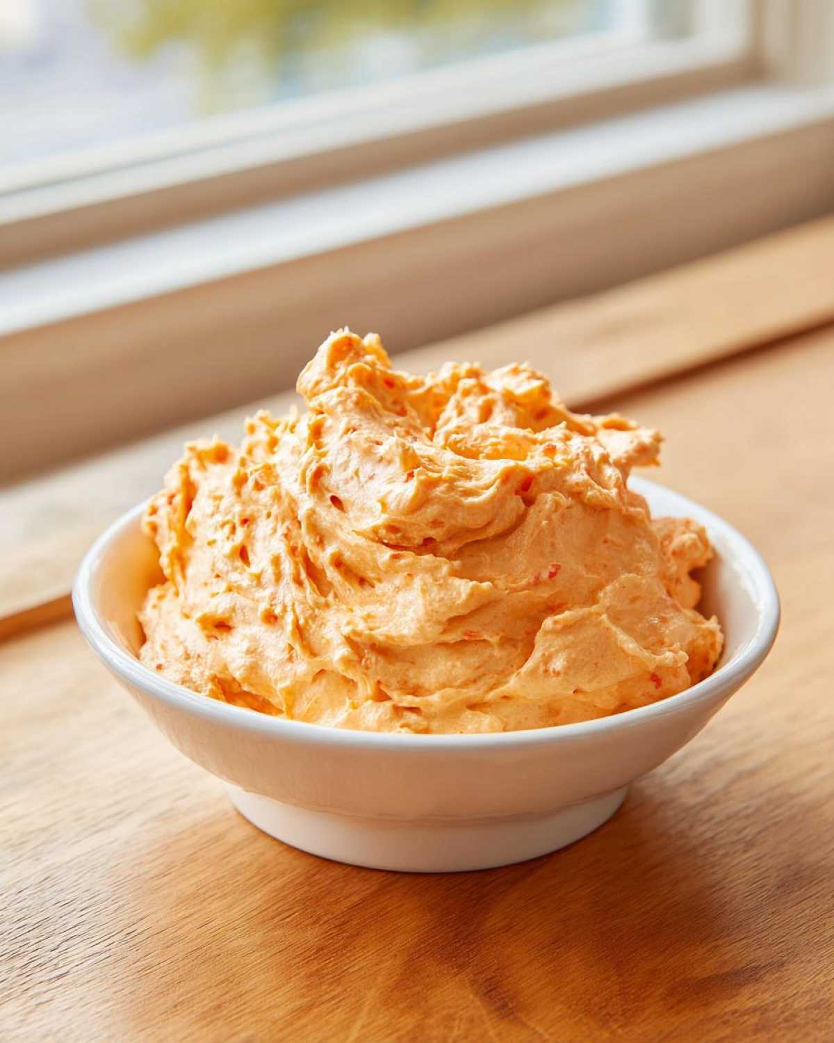 A close-up of creamy, orange pumpkin fluff dessert served in a small white bowl on a wooden surface.