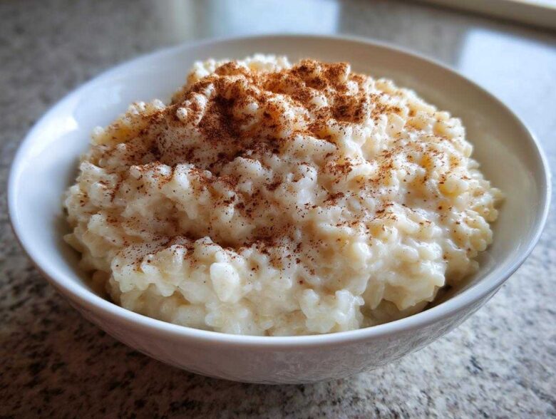 Close-up of a creamy bowl of homemade rice pudding generously topped with ground cinnamon.