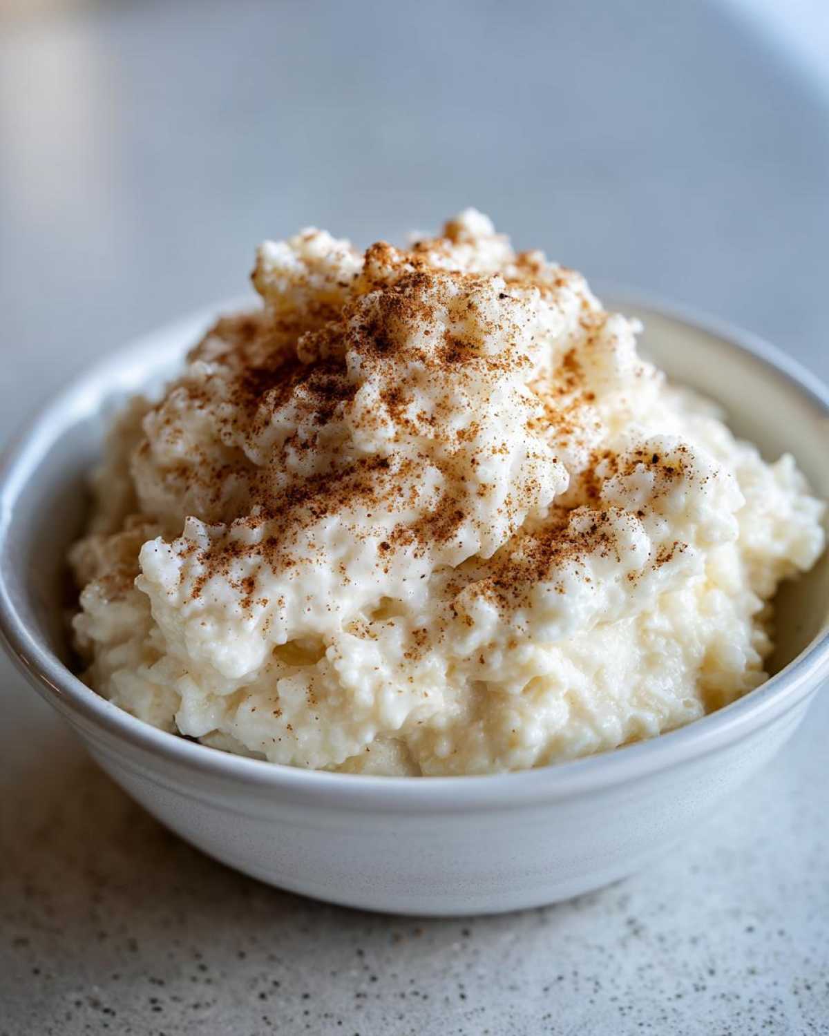 A close-up of a creamy bowl of rice pudding generously topped with ground cinnamon.