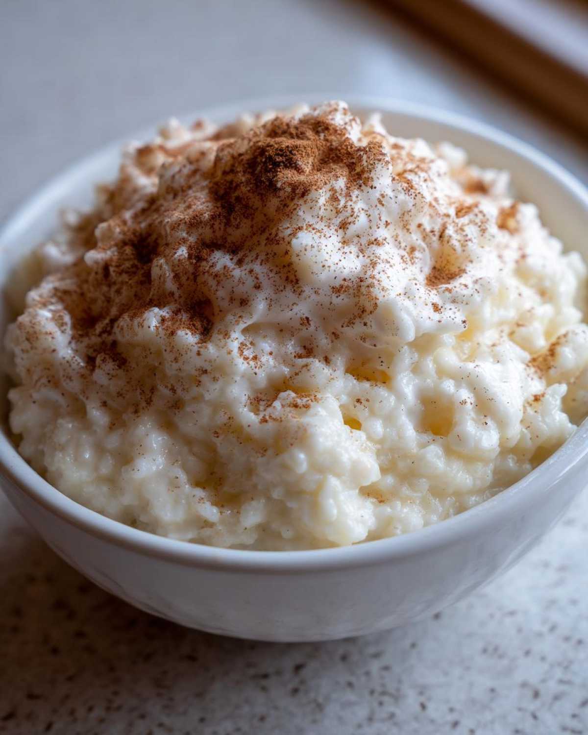 Close-up of creamy rice pudding served in a white bowl, generously sprinkled with ground cinnamon.