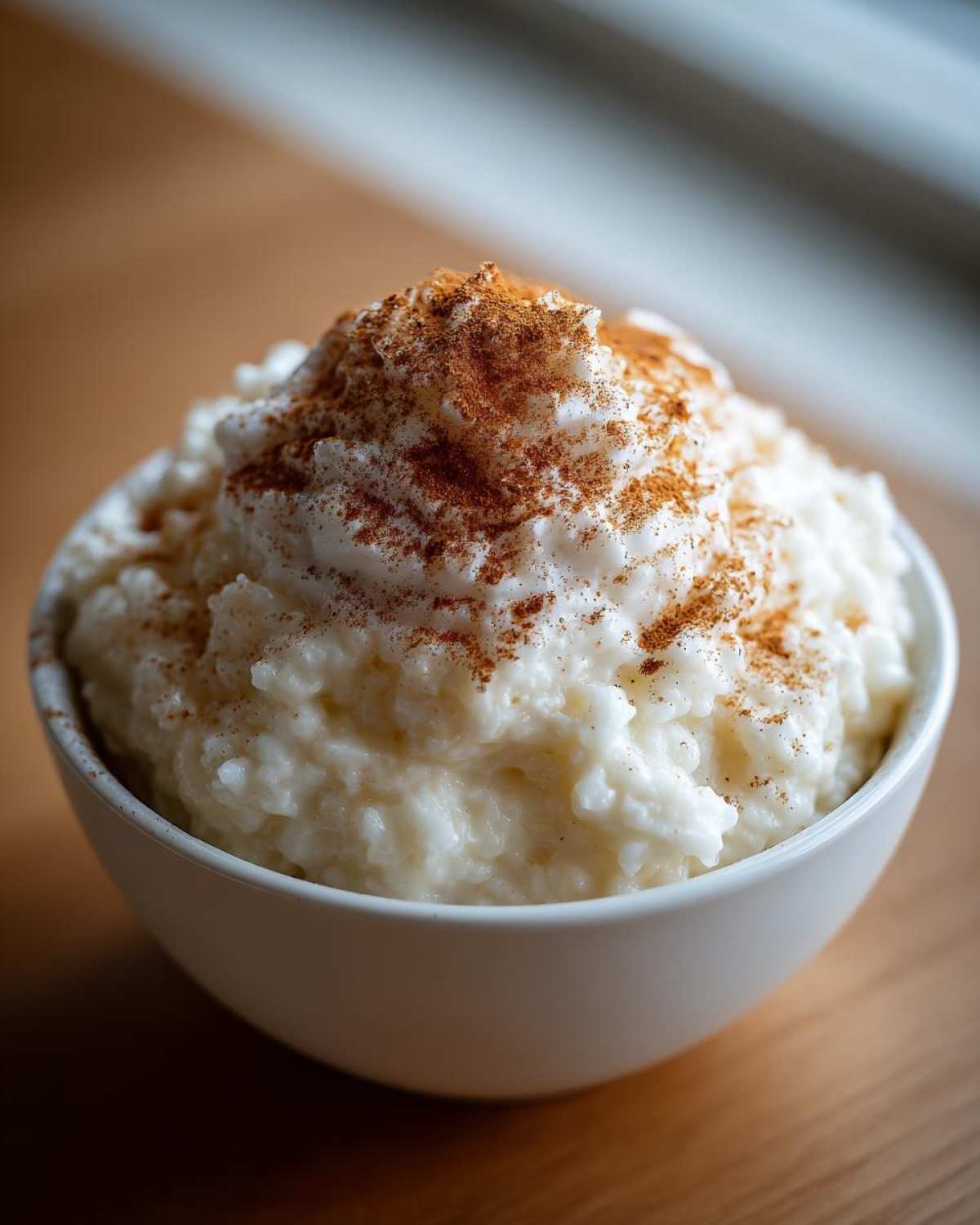 A close-up of creamy white rice pudding served in a white bowl, generously topped with ground cinnamon.