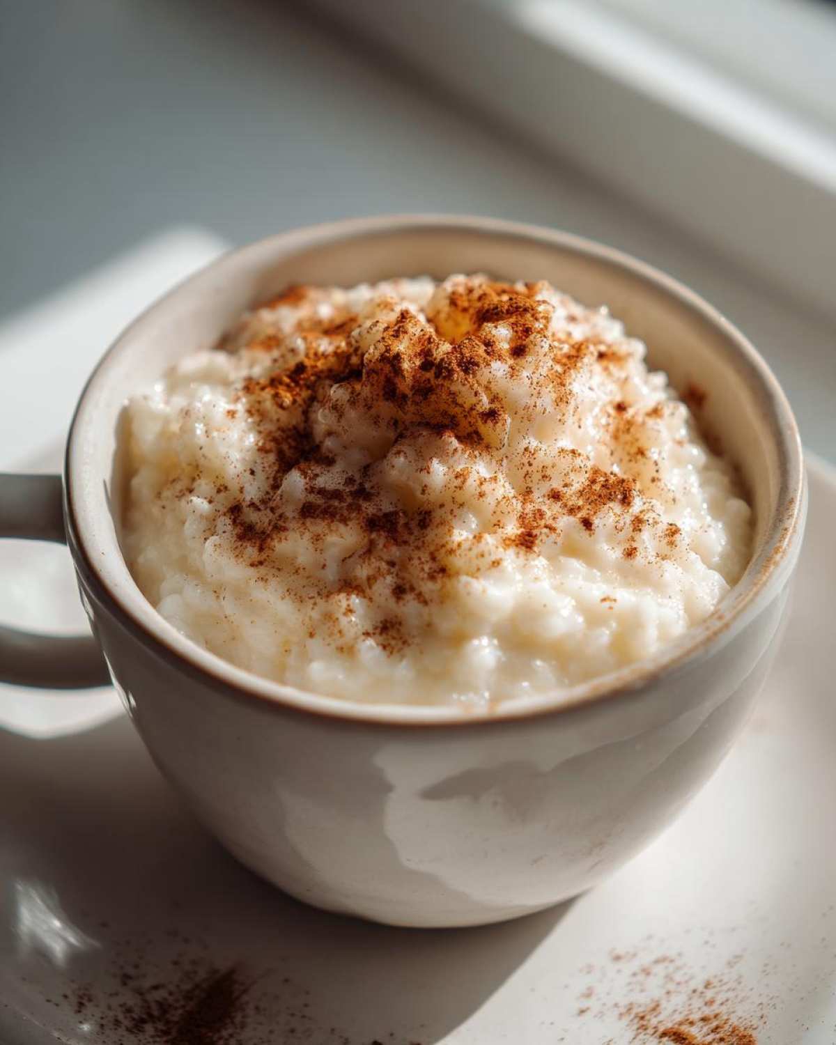 Close-up of a warm, creamy rice pudding recipe served in a white mug, generously dusted with cinnamon.