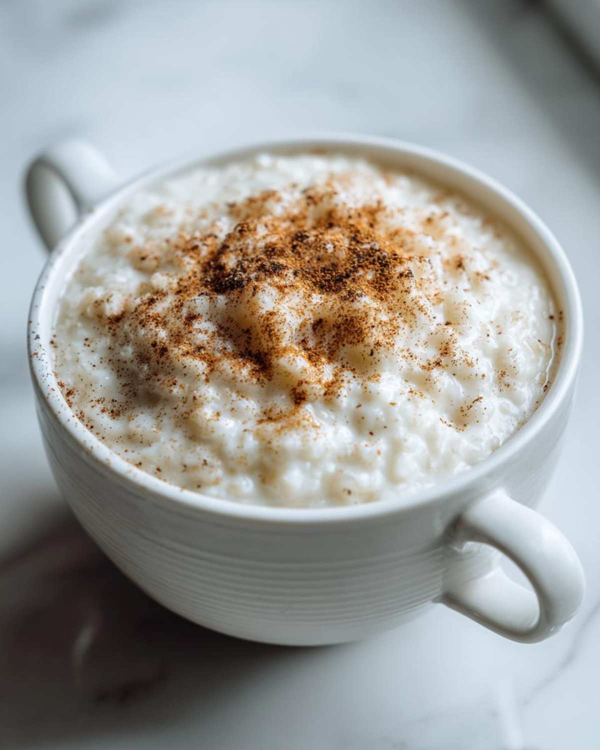 Close-up of creamy rice pudding recipe served in a white bowl, generously dusted with cinnamon.