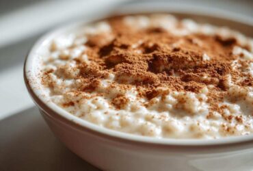 Close-up of a white bowl filled with creamy rice pudding recipe, generously dusted with cinnamon powder.