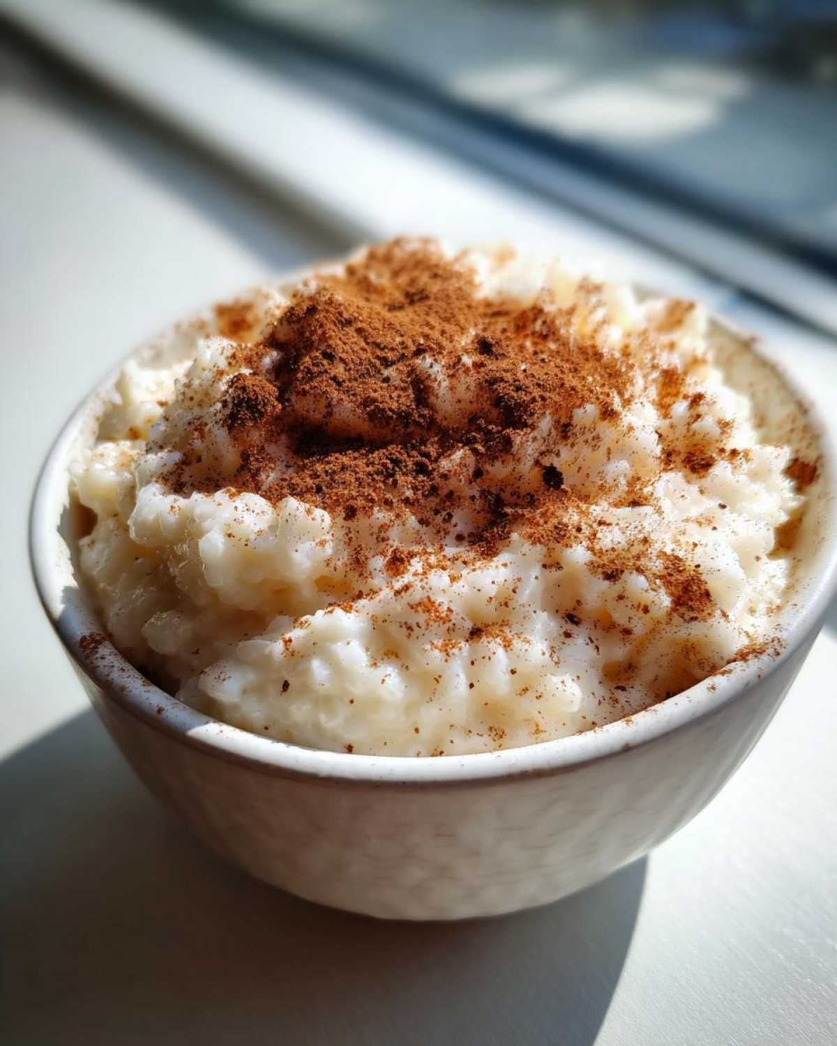 Close-up of a creamy rice pudding recipe served in a white bowl, generously dusted with ground cinnamon.