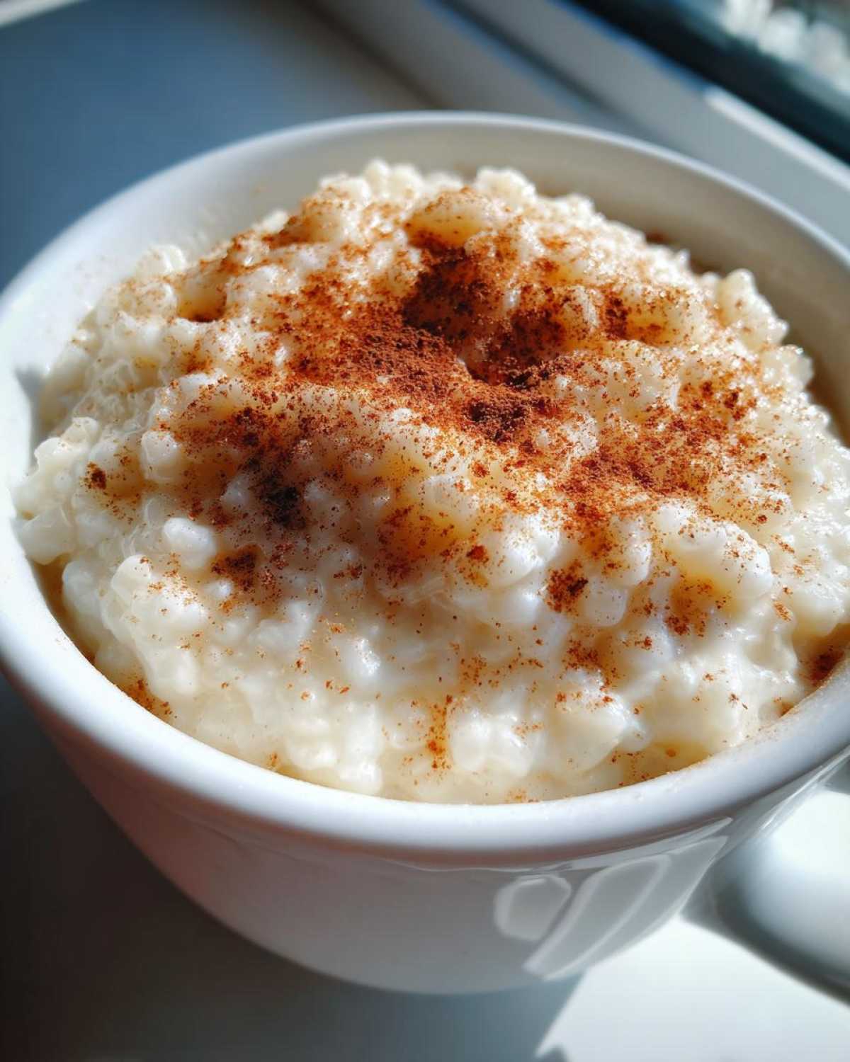 Close-up of a creamy rice pudding recipe served in a white mug, generously dusted with cinnamon.