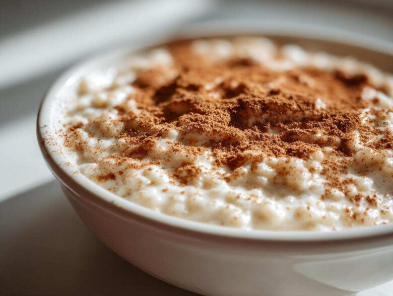 Close-up of a white bowl filled with creamy rice pudding recipe, generously dusted with cinnamon powder.