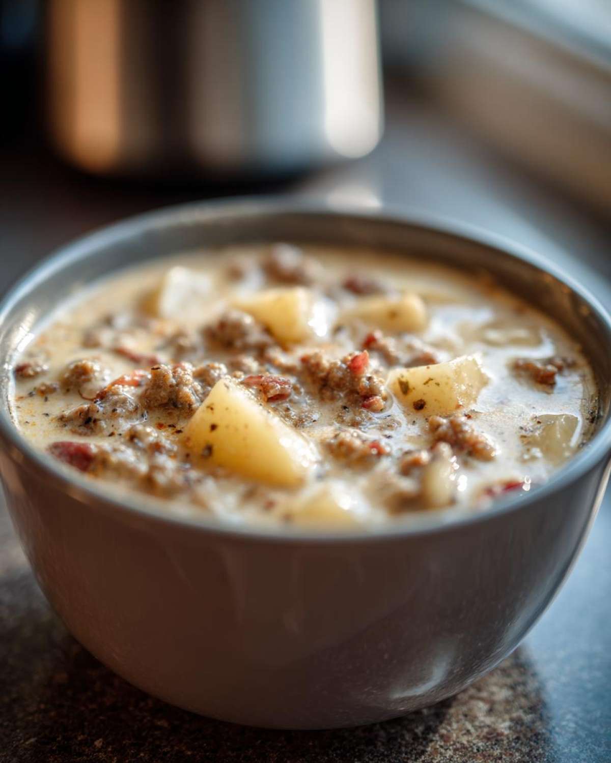 Close-up of a bowl filled with creamy sausage potato soup, showing chunks of potato and ground sausage.