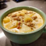 Close-up of a hearty bowl of creamy sausage potato soup, featuring chunks of potato and browned sausage.