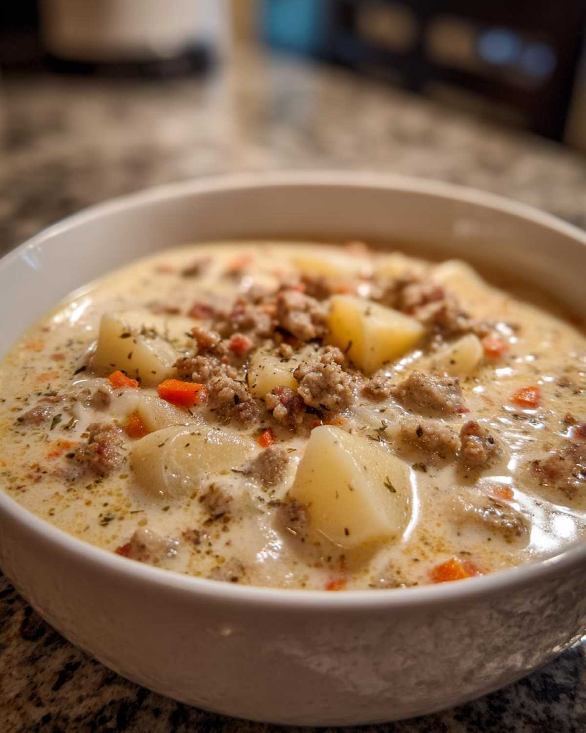 Close-up of a hearty bowl of creamy sausage potato soup, featuring chunks of potato and browned sausage.