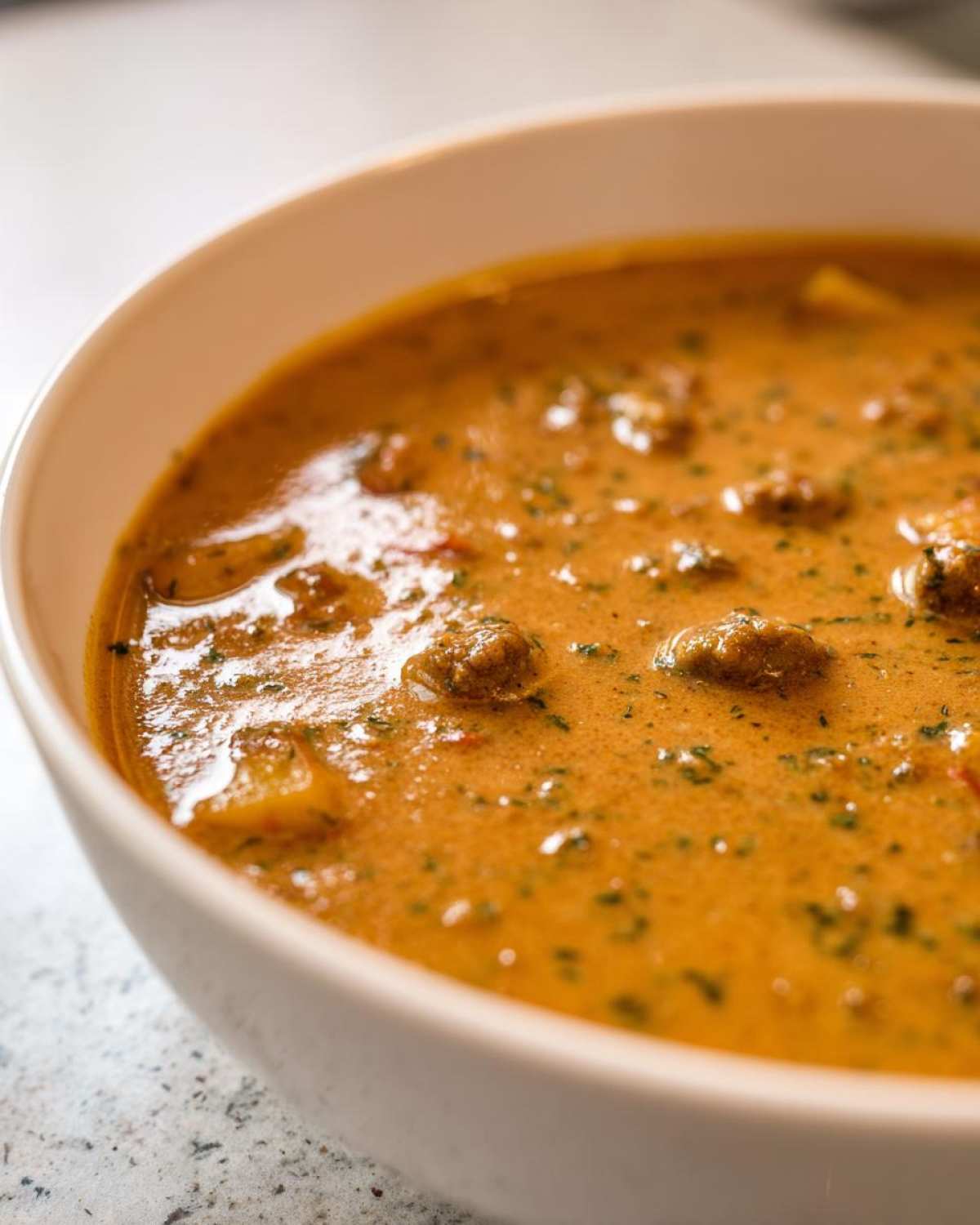 Close-up of a rich, creamy orange-colored sausage potato soup garnished with green herbs in a white bowl.