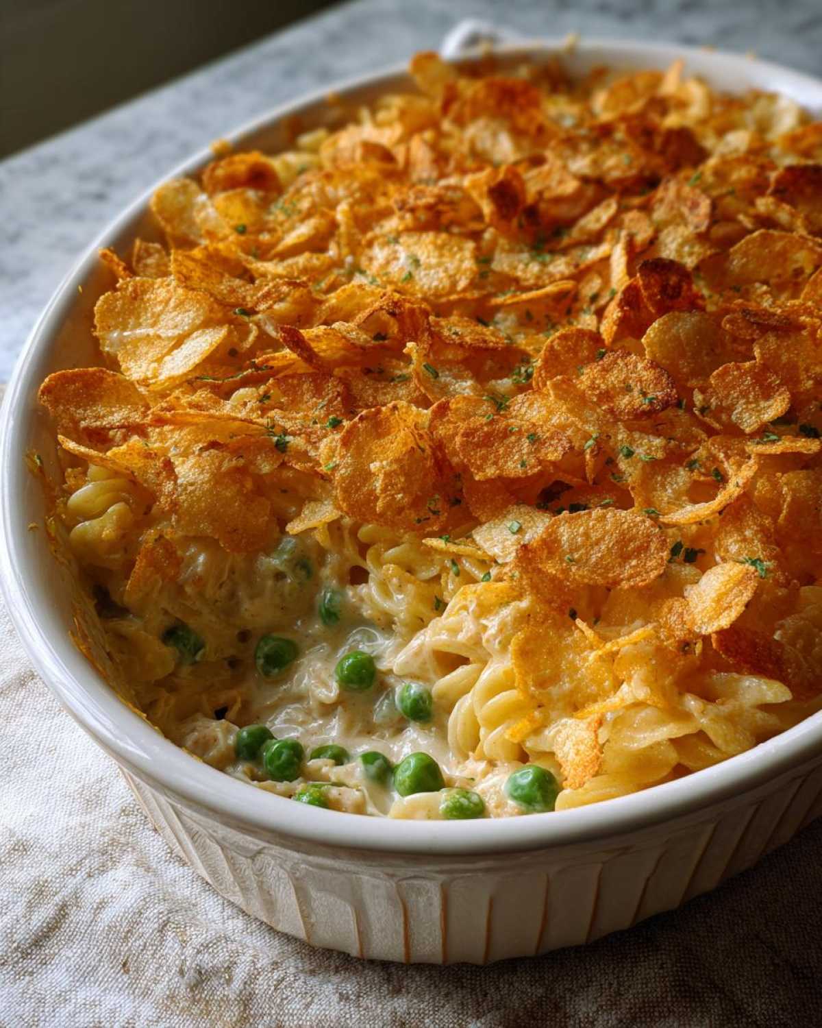 Close-up of creamy Tuna Casserole with pasta, peas, and a crunchy golden potato chip topping.