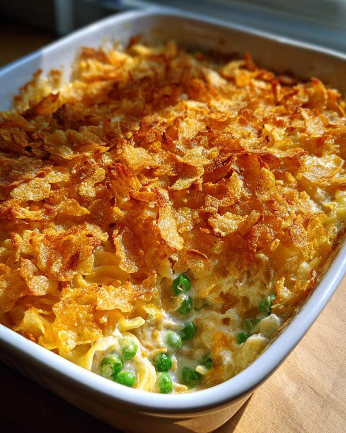 Close-up of a creamy Tuna Casserole topped with crunchy, golden cornflakes, showing bright green peas.