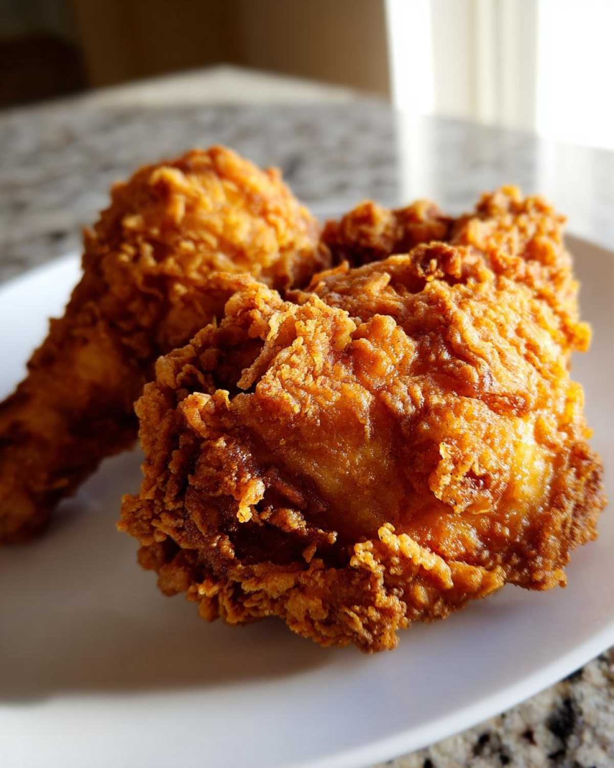 Close-up of two pieces of golden brown, crispy air fryer fried chicken sitting on a white plate.