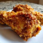 Close-up of two pieces of golden brown, crispy air fryer fried chicken on a white plate.