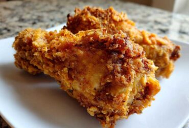 Close-up of two pieces of golden brown, crispy air fryer fried chicken on a white plate.