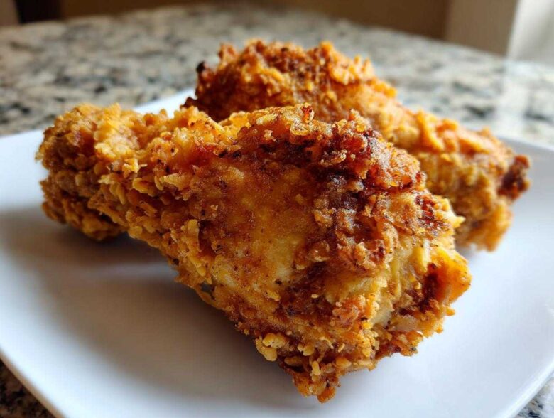 Close-up of two pieces of golden brown, crispy air fryer fried chicken on a white plate.