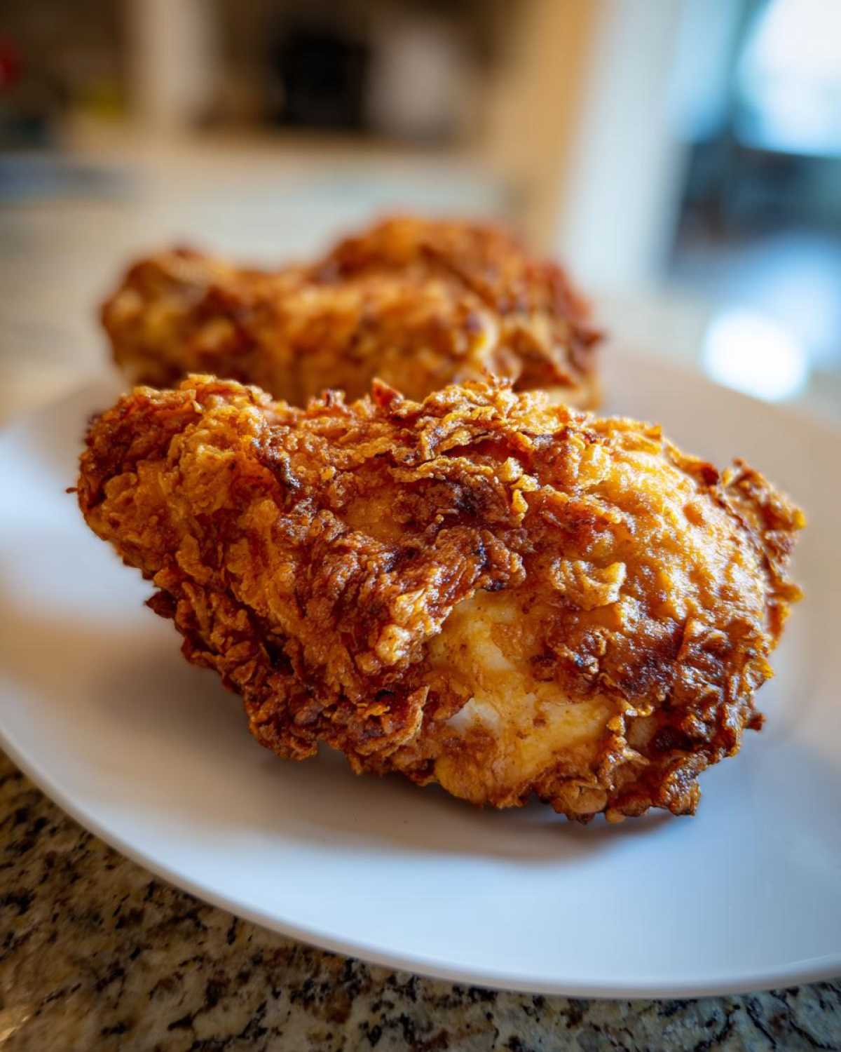 Close-up of a perfectly crispy, golden-brown piece of air fryer fried chicken resting on a white plate.