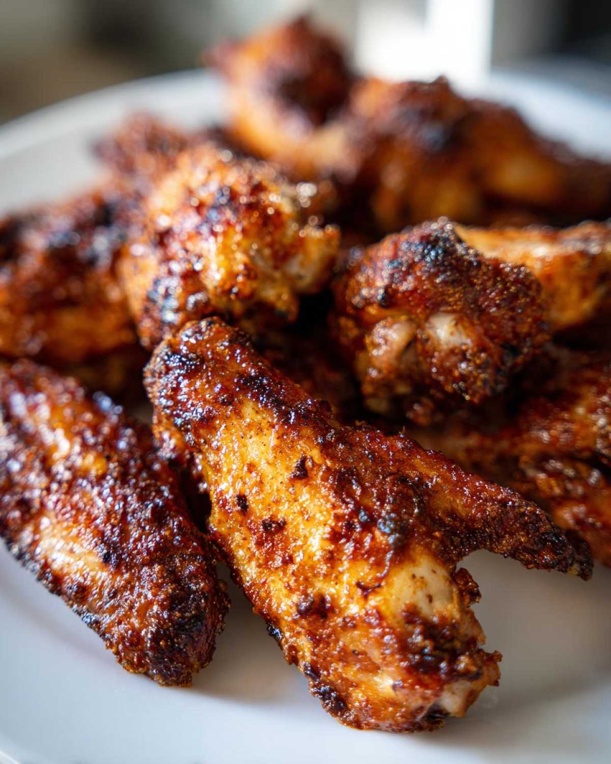 Close-up shot of several perfectly seasoned and crispy baked chicken wings piled on a white plate.