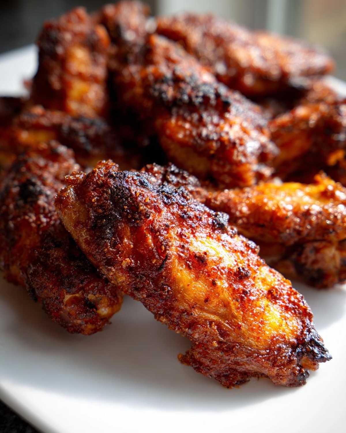 Close-up shot highlighting the crispy, seasoned skin of several crispy baked chicken wings piled on a white plate.