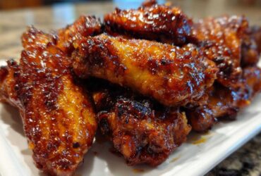 A close-up shot of a pile of glossy, glazed crispy baked chicken wings on a white platter.