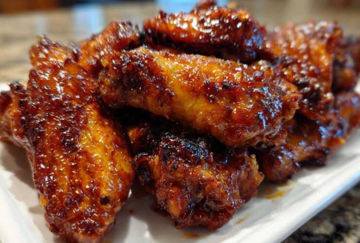 A close-up shot of a pile of glossy, glazed crispy baked chicken wings on a white platter.