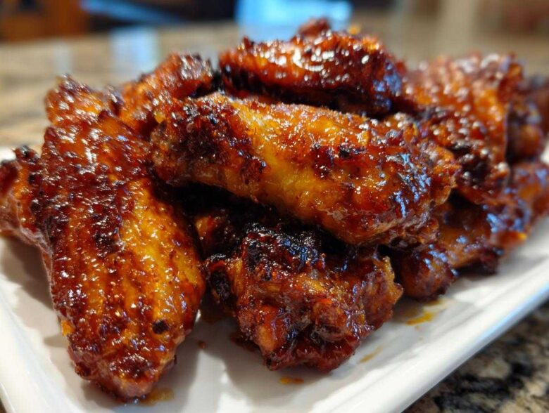 A close-up shot of a pile of glossy, glazed crispy baked chicken wings on a white platter.