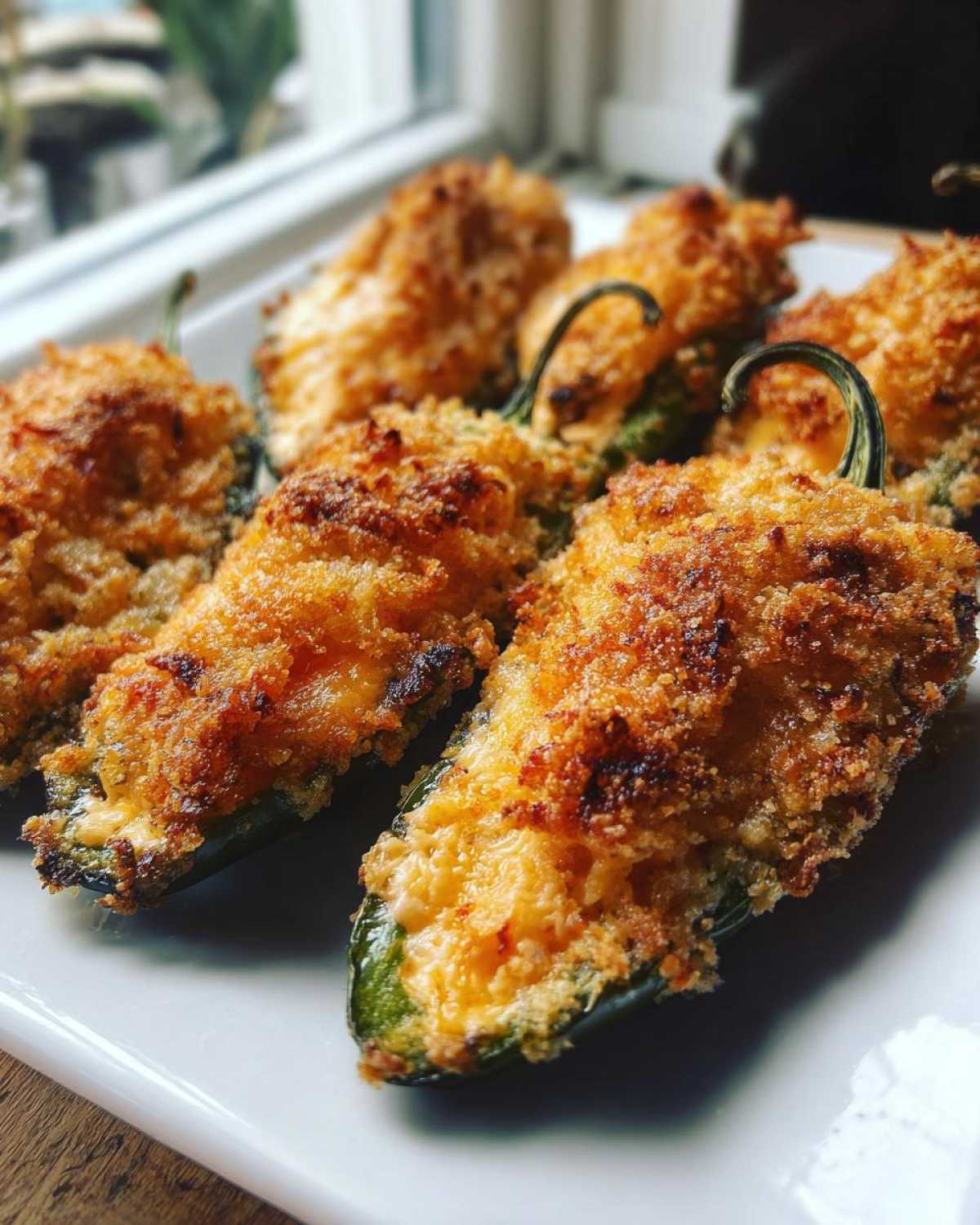 Close-up of several baked Jalapeño poppers with golden, crispy breadcrumb topping served on a white plate.