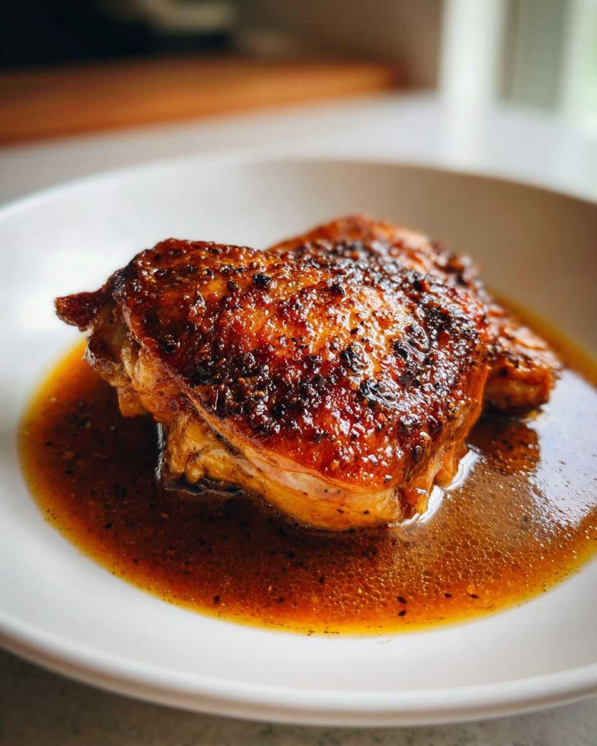 Close-up of perfectly seasoned and crispy skin on braised chicken thighs resting in rich brown sauce.