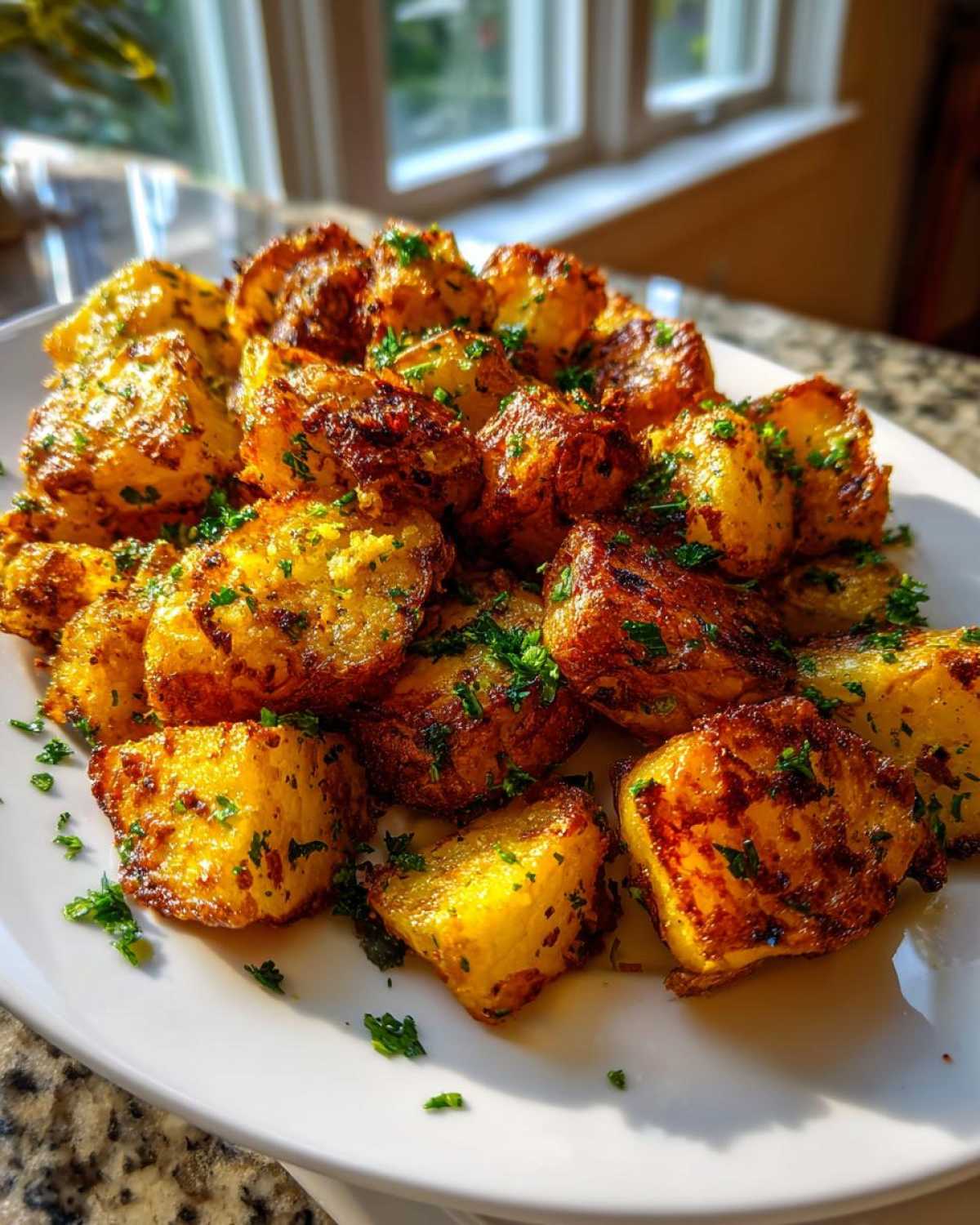 A close-up of golden brown, crispy breakfast potatoes sprinkled with fresh parsley on a white plate.