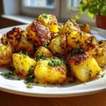A close-up of golden, crispy breakfast potatoes seasoned and topped with fresh chopped parsley.