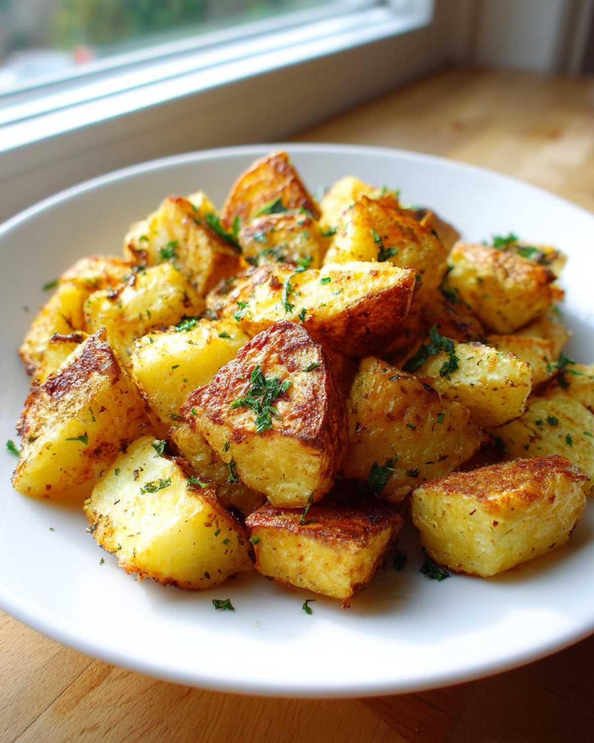A white bowl filled with golden brown, crispy breakfast potatoes seasoned and topped with fresh chopped parsley.