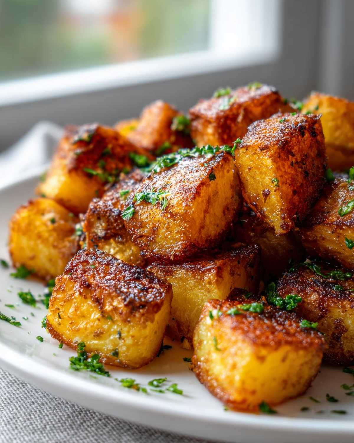 Close-up of perfectly roasted, golden brown breakfast potatoes garnished with fresh parsley.