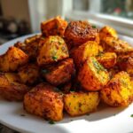 A close-up of golden brown, crispy breakfast potatoes seasoned and sprinkled with parsley on a white plate.
