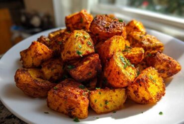 A close-up of golden brown, crispy breakfast potatoes seasoned and sprinkled with parsley on a white plate.