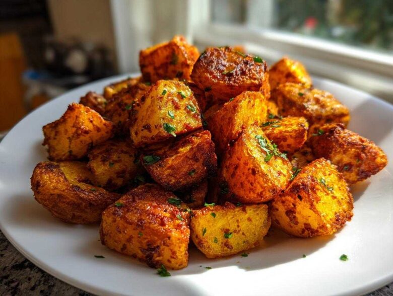 A close-up of golden brown, crispy breakfast potatoes seasoned and sprinkled with parsley on a white plate.