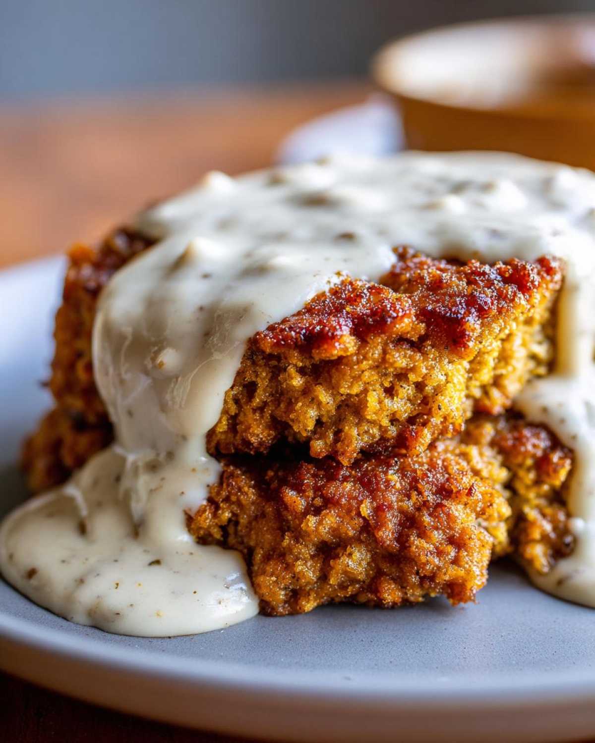 Close-up of two pieces of crispy, golden-brown chicken fried steak smothered in thick, creamy peppered gravy.