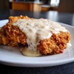 Close-up of a golden brown, crispy chicken fried steak smothered in creamy, peppered country gravy.