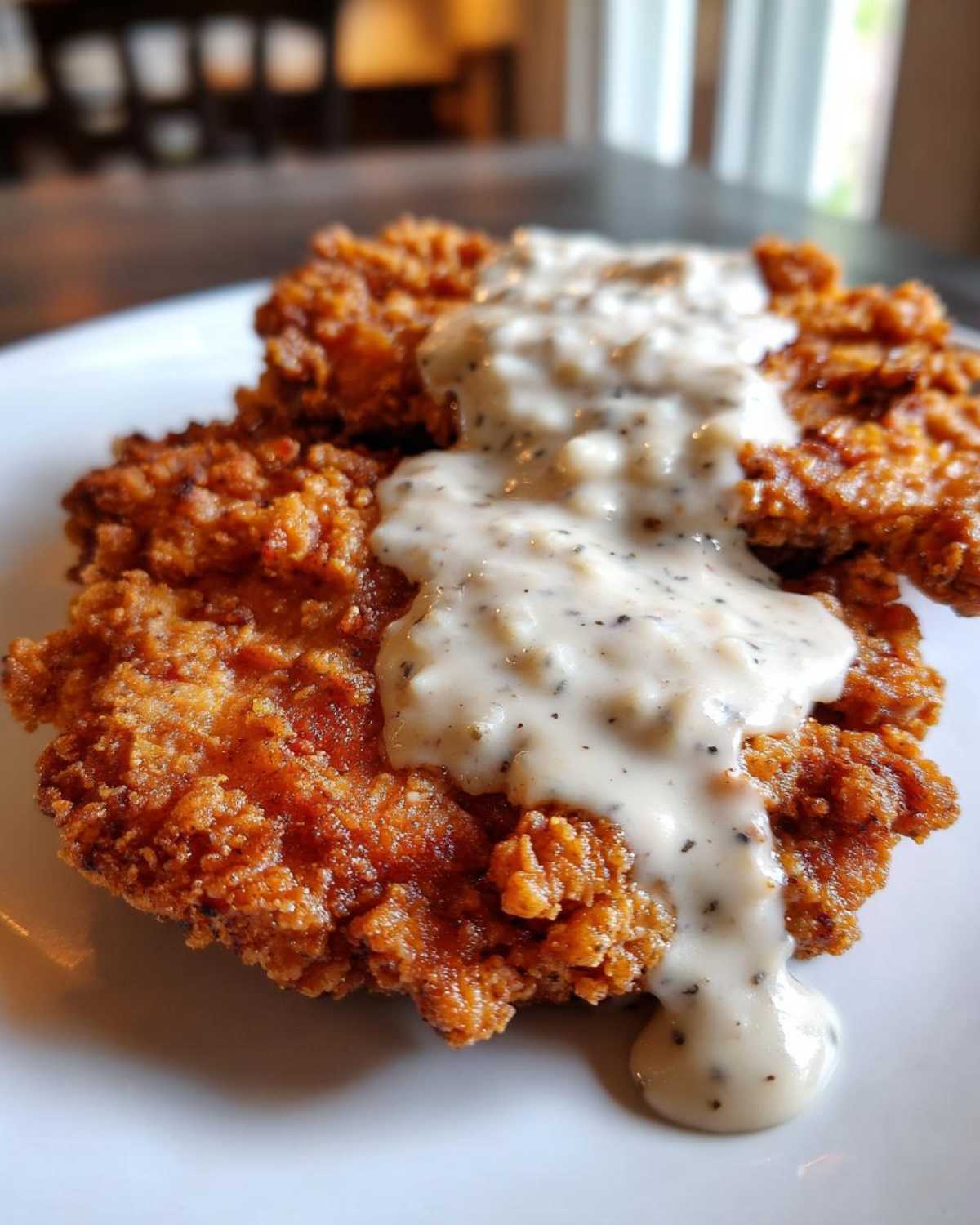 Close-up of a golden brown, crispy chicken fried steak smothered in creamy, peppered country gravy.