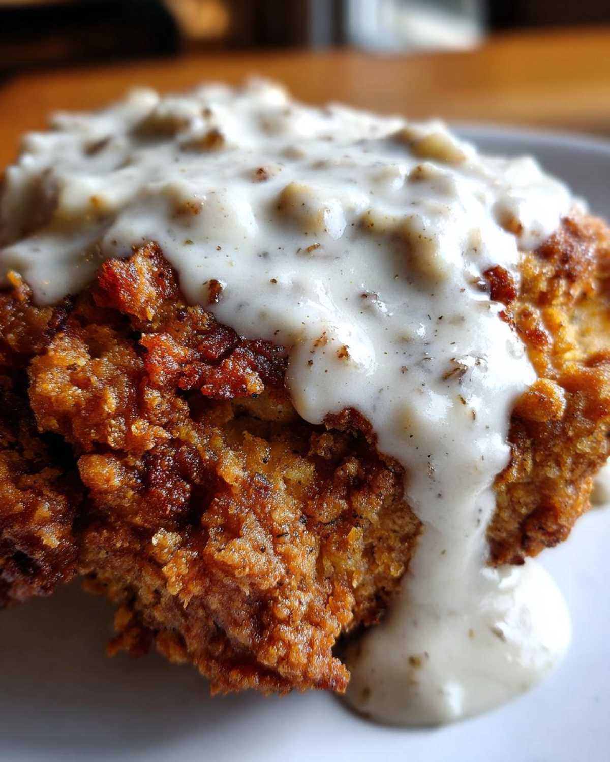 Extreme close-up of a perfectly crispy, golden brown chicken fried steak smothered in creamy white peppered gravy.