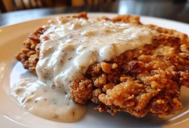 Close-up of a golden brown, crispy chicken fried steak generously topped with creamy white pepper gravy.