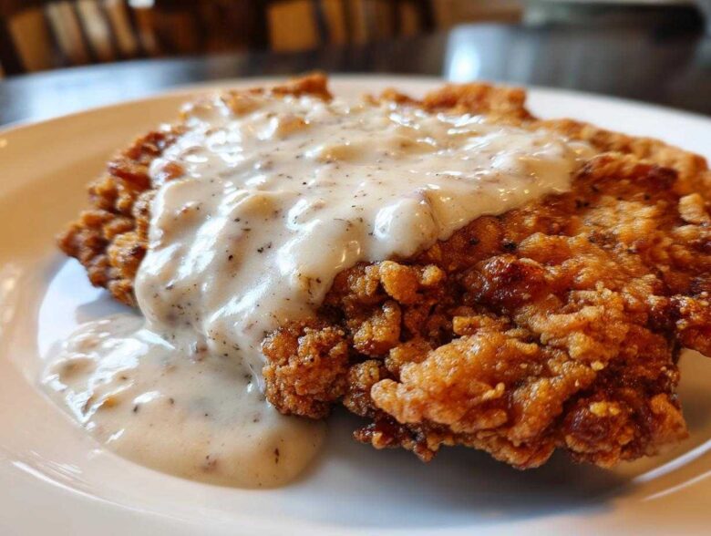 Close-up of a golden brown, crispy chicken fried steak generously topped with creamy white pepper gravy.