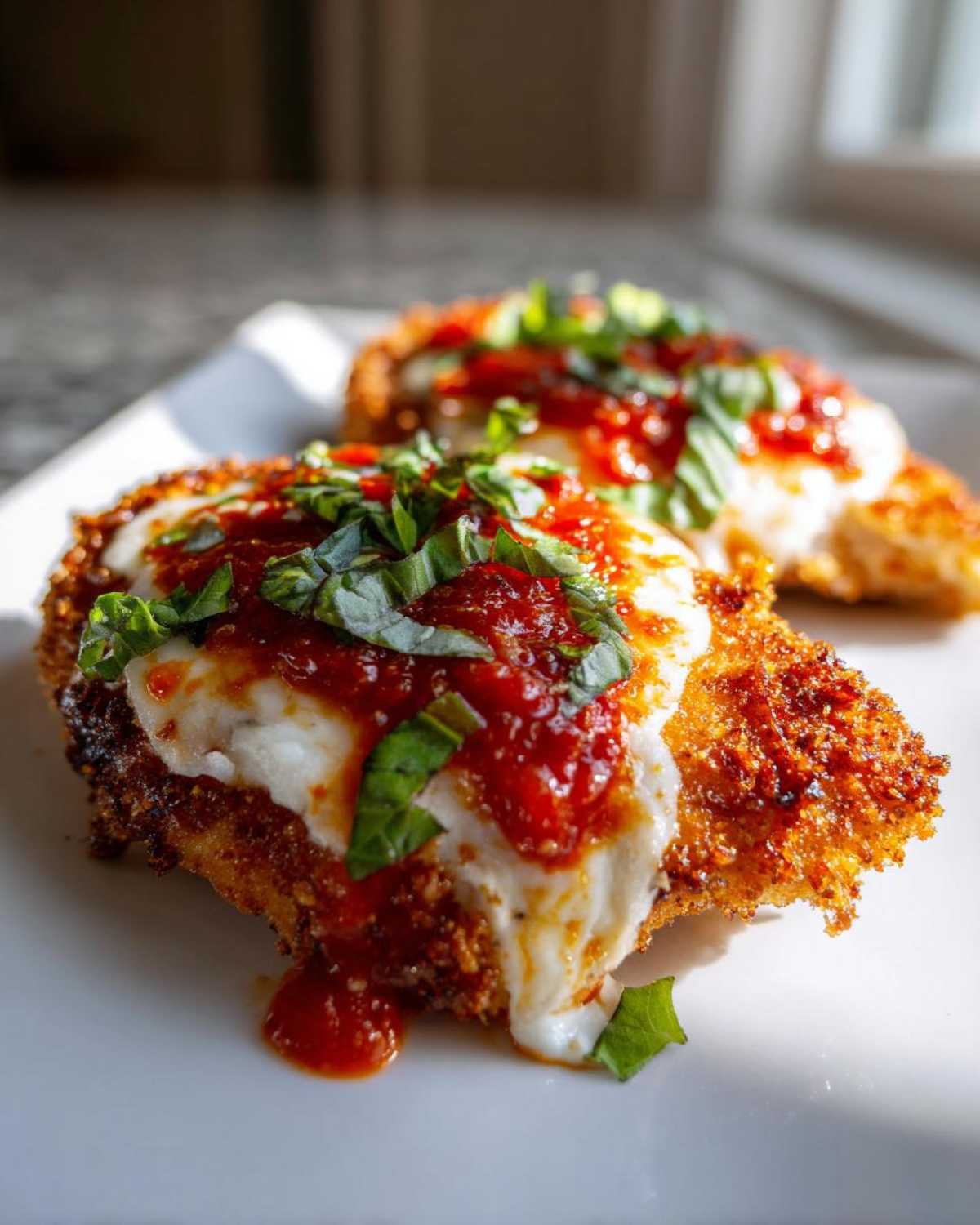 Close-up of two servings of crispy chicken parmesan recipe topped with melted mozzarella, marinara sauce, and fresh basil.