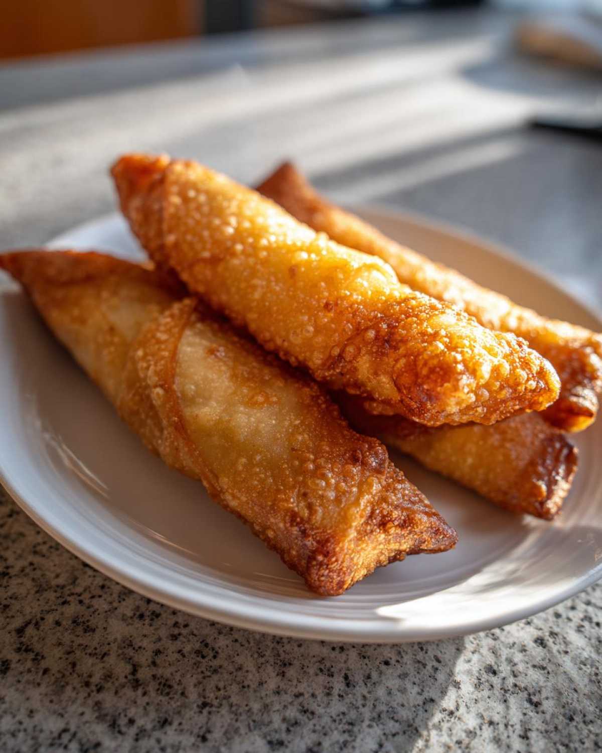 Close-up of three golden brown, crispy fried egg roll appetizers stacked on a white plate.