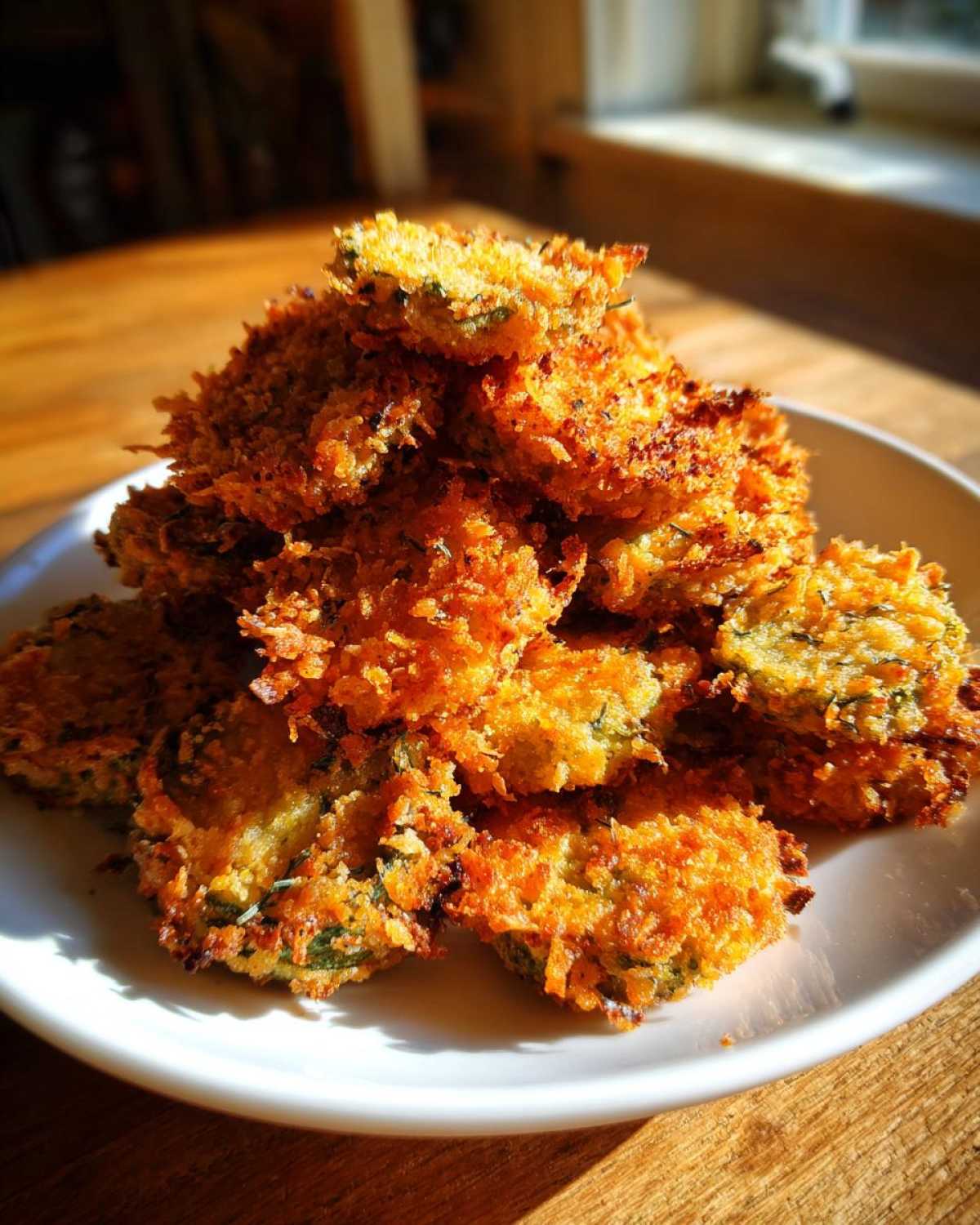 A tall pile of golden-brown, crispy Fried Pickles stacked on a white plate.