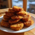 A tall stack of golden brown, crispy Fried Pickles piled high on a white plate indoors.