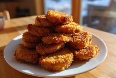 A tall stack of golden brown, crispy Fried Pickles piled high on a white plate indoors.