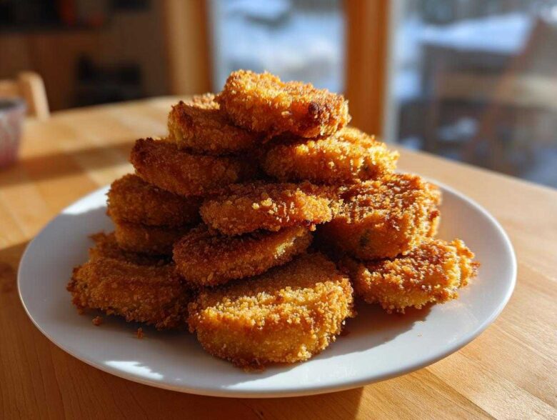 A tall stack of golden brown, crispy Fried Pickles piled high on a white plate indoors.
