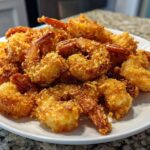 A generous pile of golden brown, crispy fried shrimp with tails on, served on a white plate.